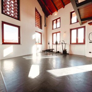 The main studio and activity space for retreats, workshops and team-building at Robin's Nest, Paruzzaro, Piemonte. Gym and aerial equipment available for guest use.